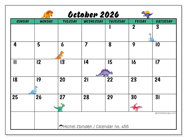Printable October 2026 calendar - Little dinosaurs - Week: Sunday to Saturday