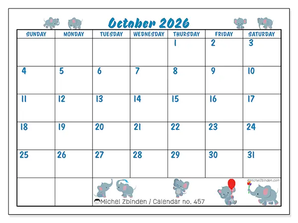 Printable October 2026 calendar - Little elephants - Week: Sunday to Saturday