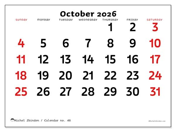 Printable October 2026 calendar - Clear vision - Week: Sunday to Saturday