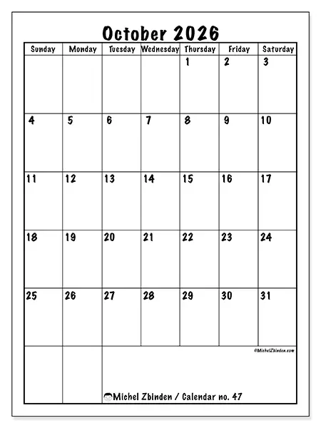 Printable October 2026 calendar - Efficient planning - Week: Sunday to Saturday