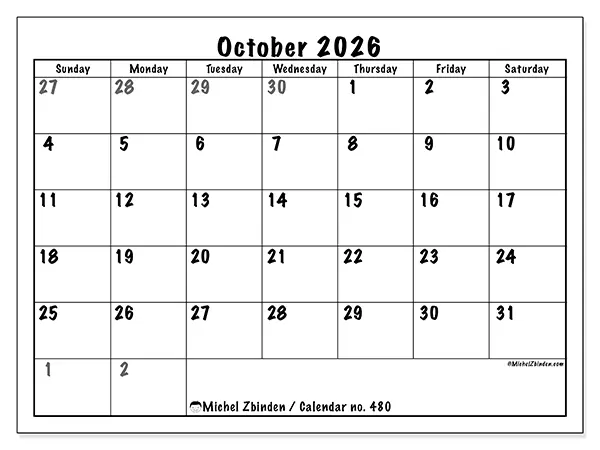 Printable October 2026 calendar - Complete planning - Week: Sunday to Saturday