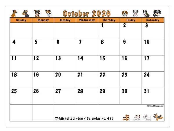 Printable October 2026 calendar - Enthusiastic dogs - Week: Sunday to Saturday