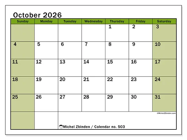 Printable October 2026 calendar - Lively organization - Week: Sunday to Saturday
