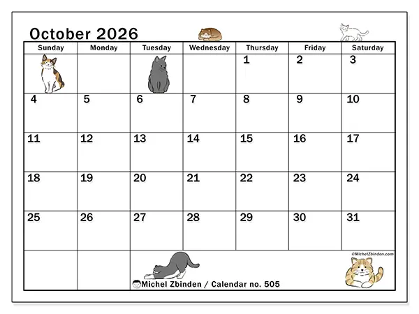 Printable October 2026 calendar - Cat life - Week: Sunday to Saturday