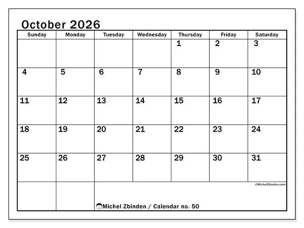 Printable October 2026 calendar - Optimal planning - Week: Sunday to Saturday