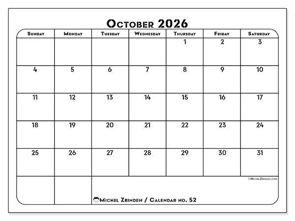 Printable October 2026 calendar - Professional organization - Week: Sunday to Saturday