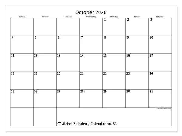 Printable October 2026 calendar - Efficient schedule - Week: Sunday to Saturday