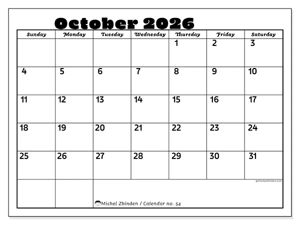 Printable October 2026 calendar - Family activities - Week: Sunday to Saturday