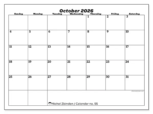 Printable October 2026 calendar - Leisure organization - Week: Sunday to Saturday