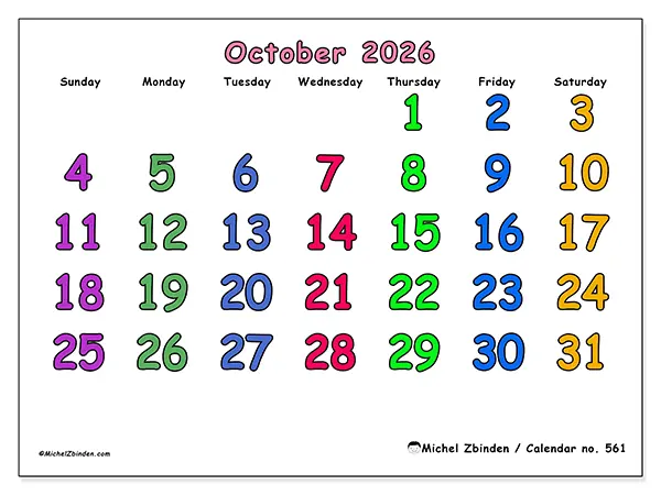 Printable October 2026 calendar - Creative moments - Week: Sunday to Saturday
