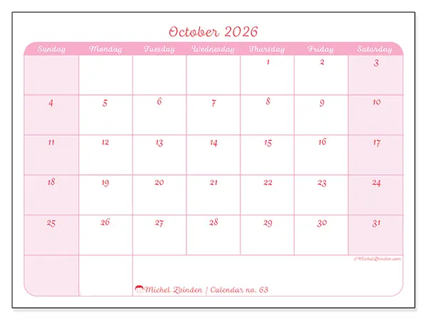 Printable October 2026 calendar - Gentle organization - Week: Sunday to Saturday
