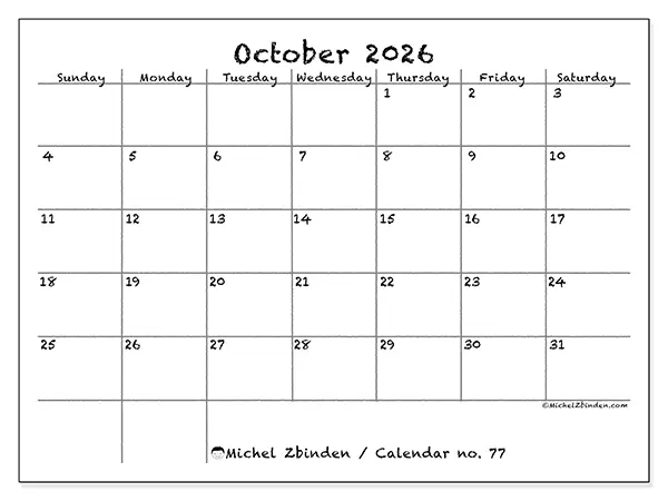 Printable October 2026 calendar - School and family - Week: Sunday to Saturday