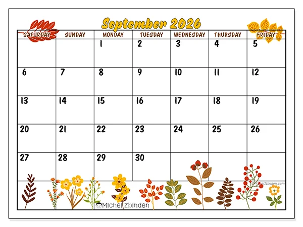 Printable September 2026 calendar - Autumn colors - Week: Sunday to Saturday