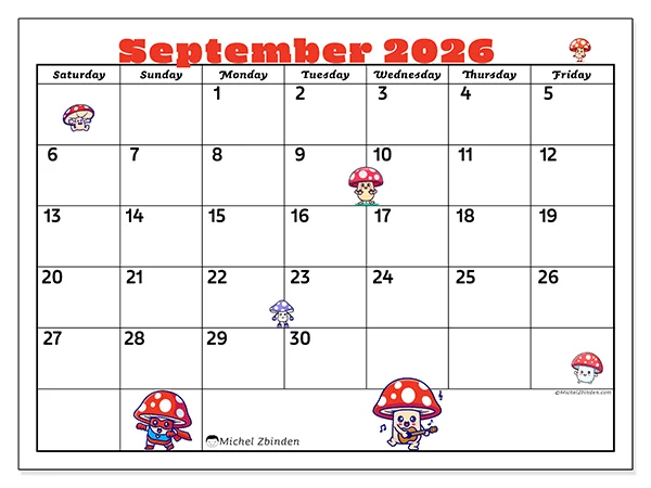 Printable September 2026 calendar - September mushrooms - Week: Sunday to Saturday
