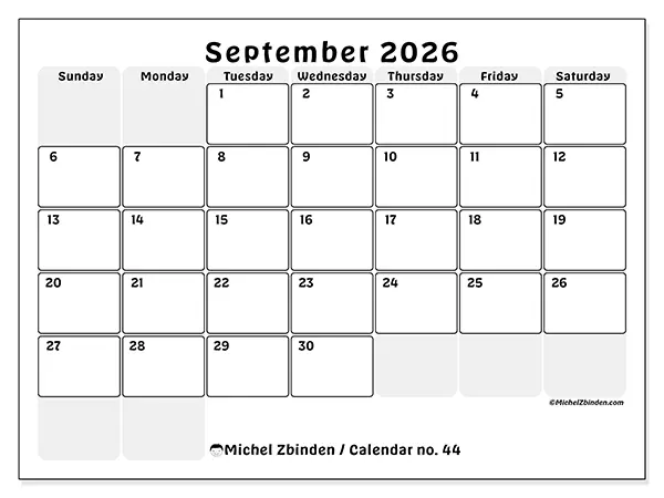 Printable September 2026 calendar - Structured planning - Week: Sunday to Saturday
