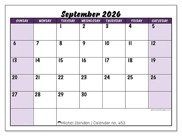 Printable September 2026 calendar - Colorful efficiency - Week: Sunday to Saturday