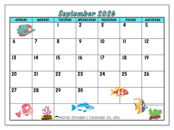 Printable September 2026 calendar - Colorful fish - Week: Sunday to Saturday