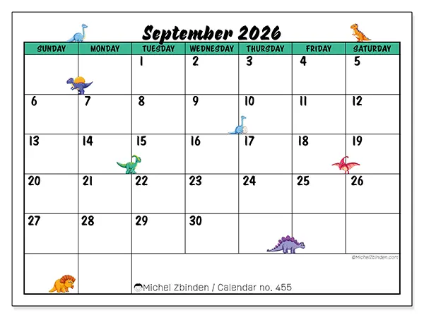Printable September 2026 calendar - Little dinosaurs - Week: Sunday to Saturday