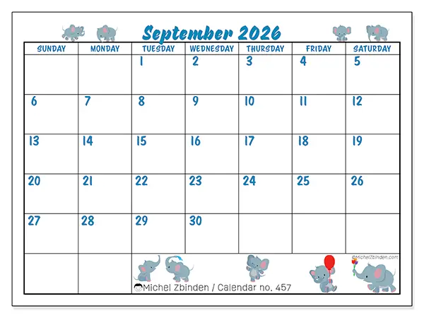 Printable September 2026 calendar - Little elephants - Week: Sunday to Saturday