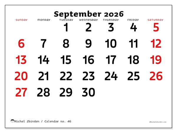 Printable September 2026 calendar - Clear vision - Week: Sunday to Saturday