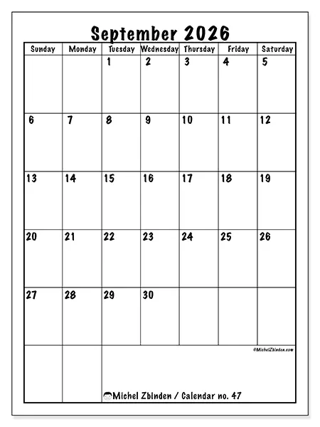 Printable September 2026 calendar - Efficient planning - Week: Sunday to Saturday