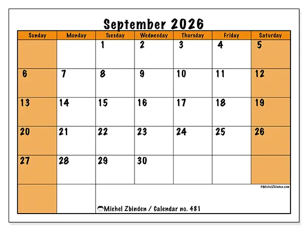 Printable September 2026 calendar - Dynamic planning - Week: Sunday to Saturday