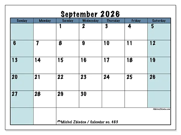 Printable September 2026 calendar - Structured for school - Week: Sunday to Saturday