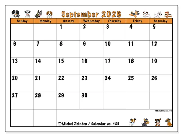 Printable September 2026 calendar - Enthusiastic dogs - Week: Sunday to Saturday
