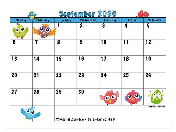 Printable September 2026 calendar - Funny birds - Week: Sunday to Saturday
