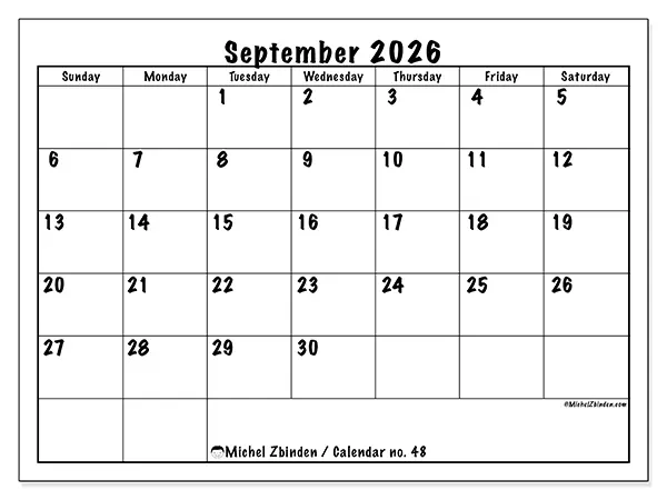 Printable September 2026 calendar - Daily efficiency - Week: Sunday to Saturday