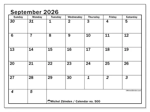 Printable September 2026 calendar - Intensive planning - Week: Sunday to Saturday