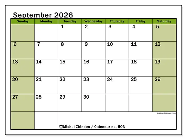 Printable September 2026 calendar - Lively organization - Week: Sunday to Saturday