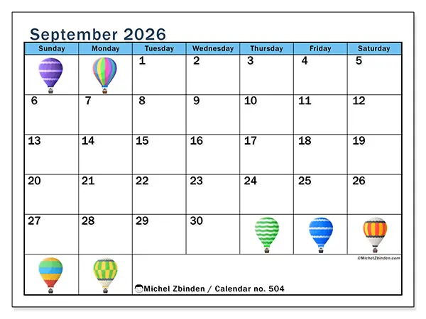Printable September 2026 calendar - Hot air balloons - Week: Sunday to Saturday