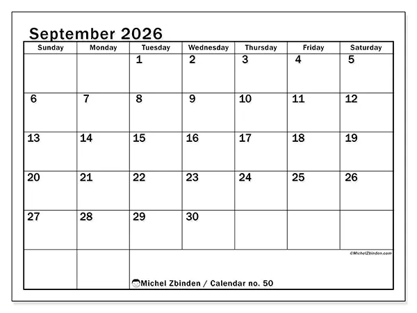 Printable September 2026 calendar - Optimal planning - Week: Sunday to Saturday