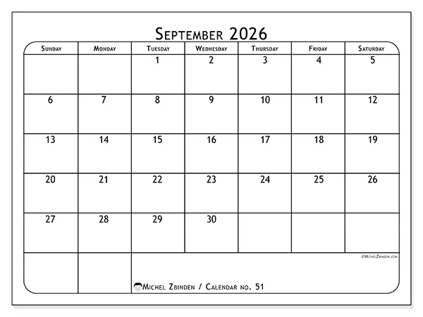 Printable September 2026 calendar - Meal planner - Week: Sunday to Saturday