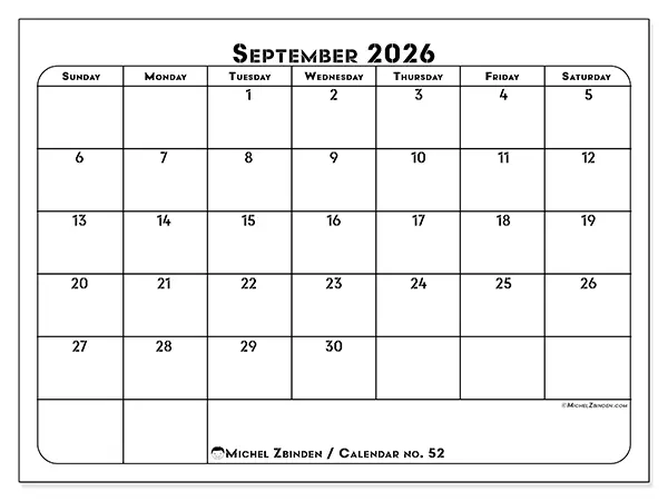 Printable September 2026 calendar - Professional organization - Week: Sunday to Saturday