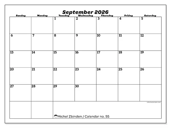 Printable September 2026 calendar - Leisure organization - Week: Sunday to Saturday