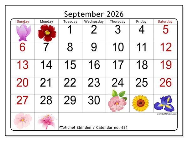 Printable September 2026 calendar - Big flowers - Week: Sunday to Saturday
