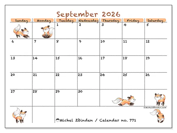 Printable September 2026 calendar - Fox drawings - Week: Sunday to Saturday