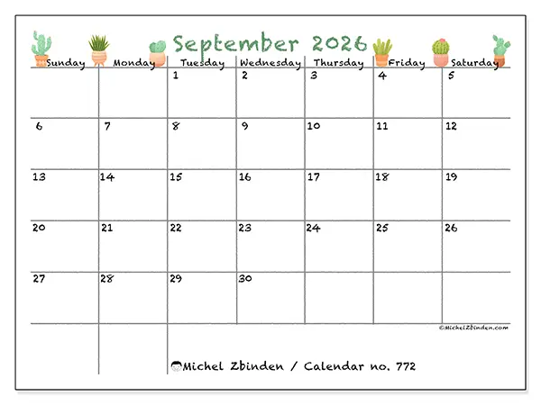 Printable September 2026 calendar - Decorative cactus - Week: Sunday to Saturday