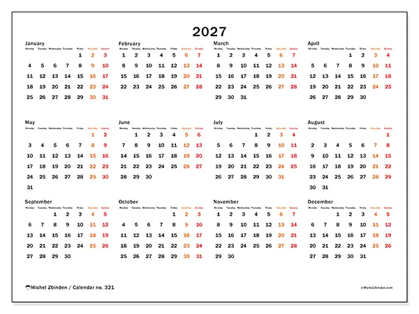 Printable Annual calendar 2027 - Weekend highlight