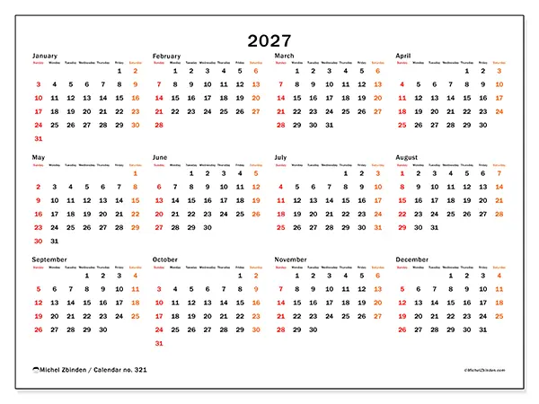 Printable Annual calendar 2027 - Weekend highlight - Week: Sunday to Saturday