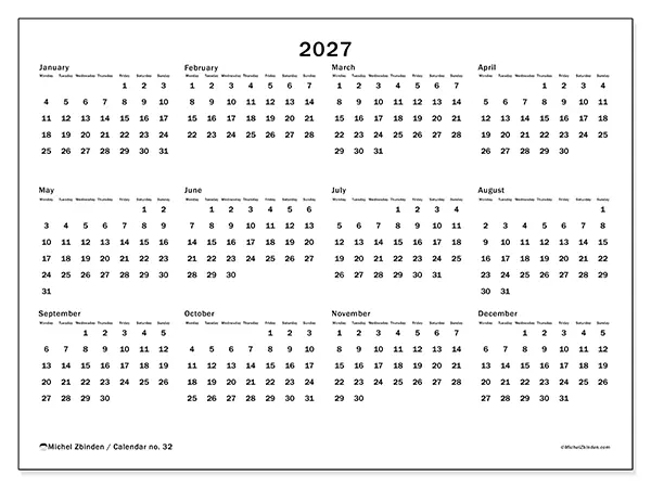 Printable Annual calendar 2027 - Global organization