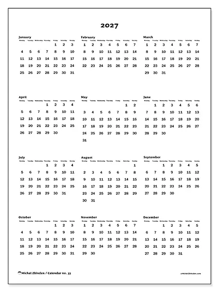 Printable Annual calendar 2027 - Global overview