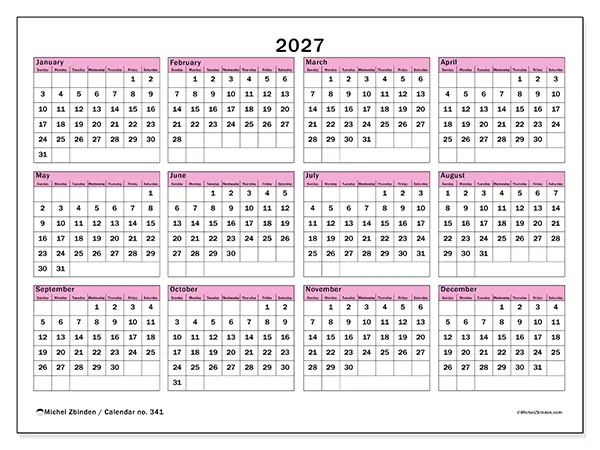 Printable Annual calendar 2027 - Planning and forecasting - Week: Sunday to Saturday