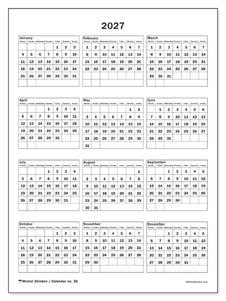 Printable Annual calendar 2027 - Family celebrations
