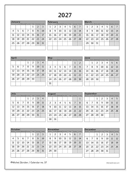 Printable Annual calendar 2027 - Clean and professional