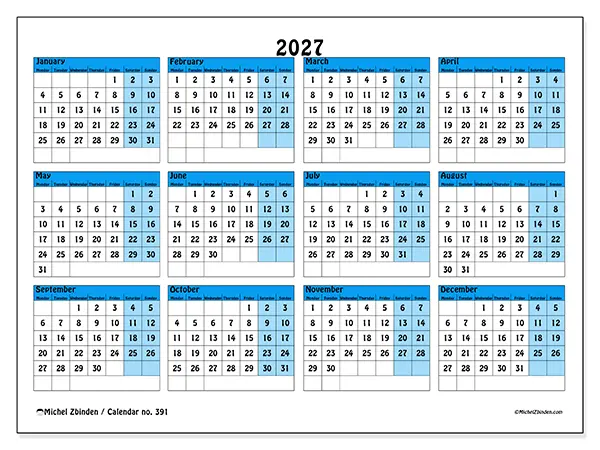 Printable Annual calendar 2027 - Organization in color