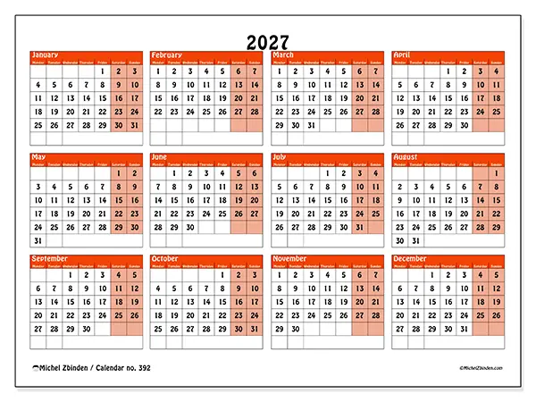 Printable Annual calendar 2027 - Colorful planning