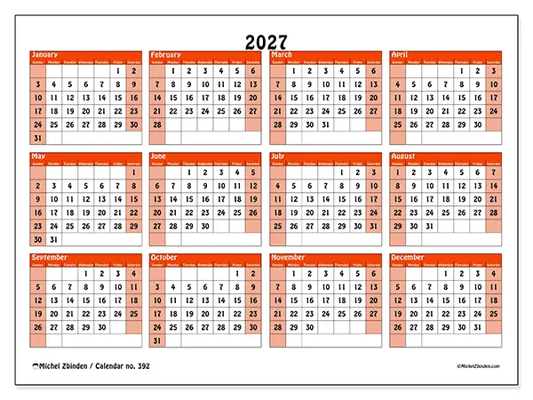 Printable Annual calendar 2027 - Colorful planning - Week: Sunday to Saturday